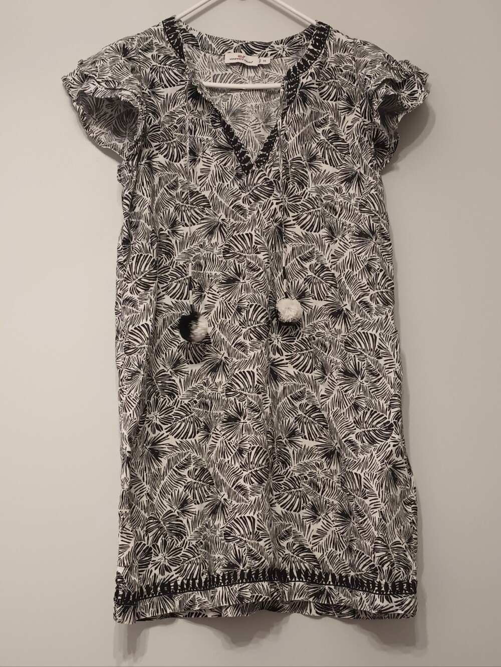 Vineyard Vines Linen Black and White Leaf-Print Pom Pom Dress XS